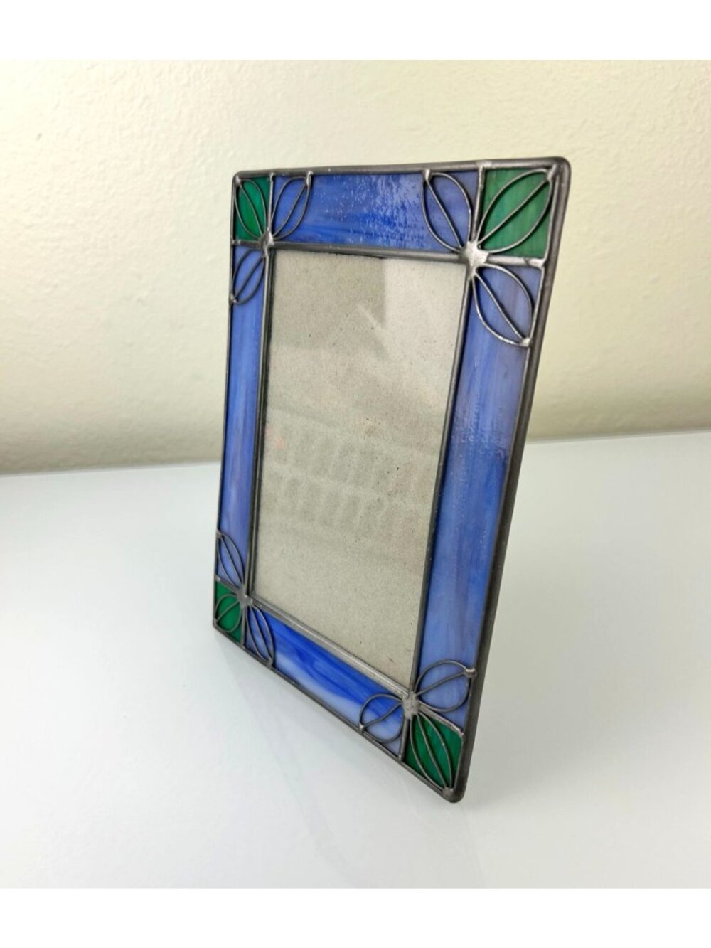 Vintage Stained Glass & Metal Picture Frame Blue Green Silver Home Decor - Picture 3 of 16